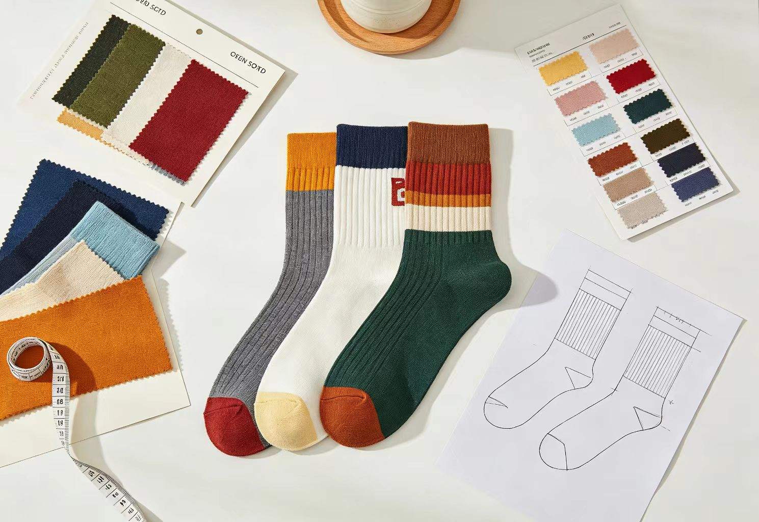 Yarn, design drawings and custom sock samples